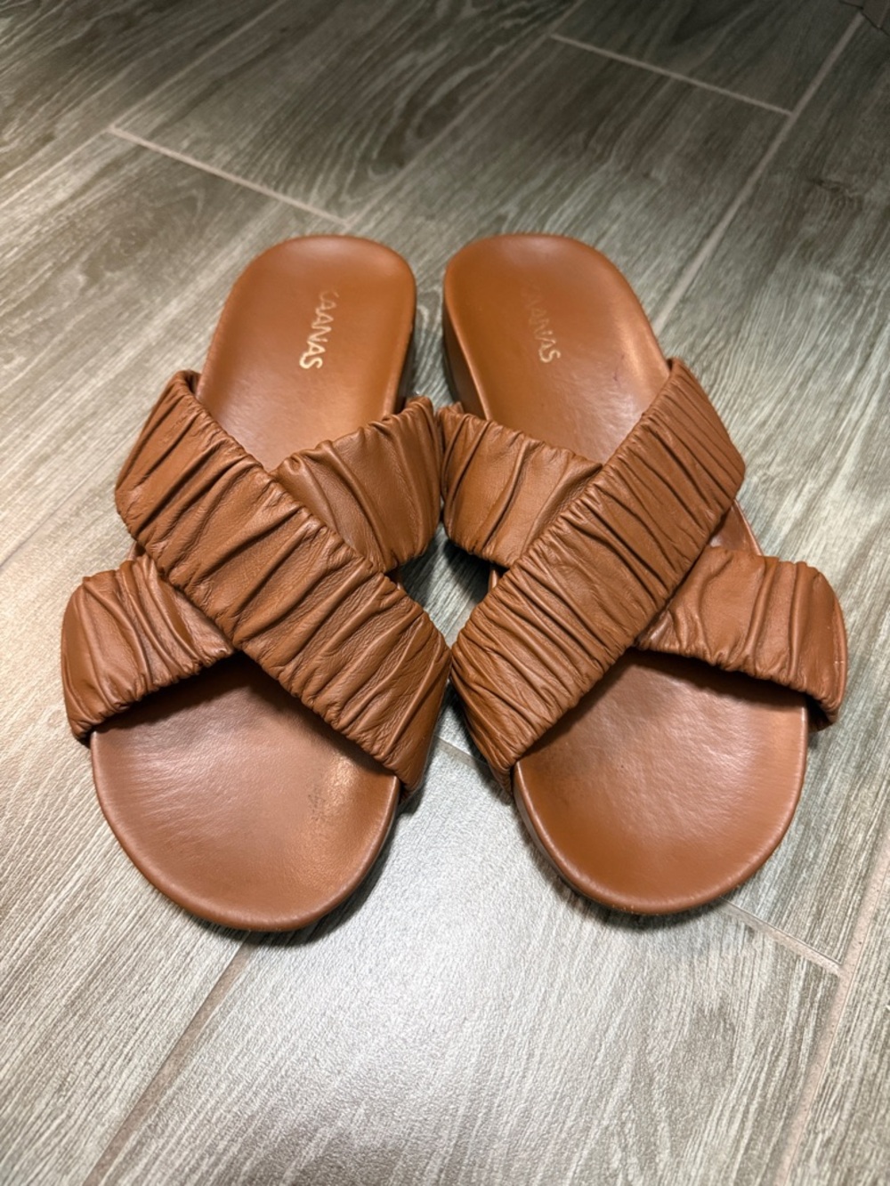Kaanas Tan Ruched Crisscross Slide Sandals